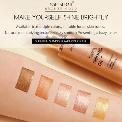 SAM SUGAR Shimmer Body Oil 3.38 Fl OZ Long Lasting Liquid Illuminator with Brush for Body Glow Illuminating Body Moisturizer 100ml Body & Face Highlighter for a Radiant Glow£¨04#£©
