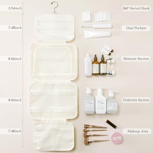 Hanging Toiletry Bag for Women, Large Capacity Travel Makeup Organizer with Hook, Waterproof Cosmetic Bag with Translucent TPU Compartments for Bathroom, Gym, Camping (Beige)