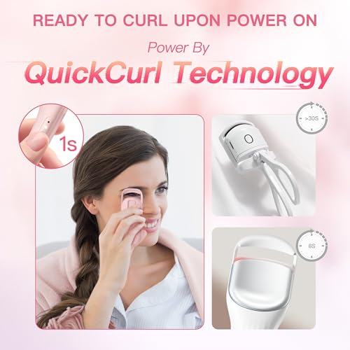 Heated Eyelash Curler Innovative, QuickCurl 2S Heat Up, Naturally Lash Curler 70¡ÆC/85¡ÆC Adjustable Heat, Safe Food-Grade Silicone, 600mAh Battery Portable Size for Travel (Pink)