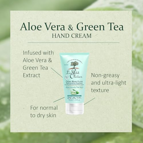 Le Petit Olivier Express Moisturizing Hand Cream - Aloe Vera And Green Tea - Express Moisturizing - No Greasy Or Sticky Feeling - Skin Is Soft And Silky - For Normal To Dry Skin - 2.5 Oz
