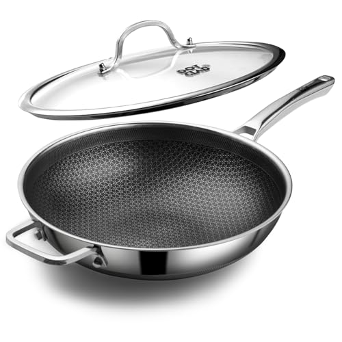 13 Inch Stainless Steel Nonstick Wok Pan with Lid - Stir-Fry Cookware