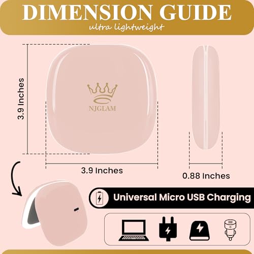Pink Lighted Compact Mirror with 1X/10X Magnification, Dimmable LED, USB Charging