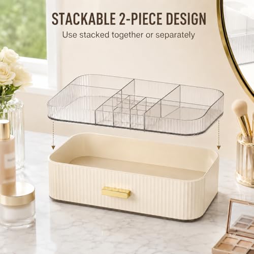 Decorcode Makeup Organizer with 1 Tray & Wide Drawer - Cream White Stackable Vanity Storage