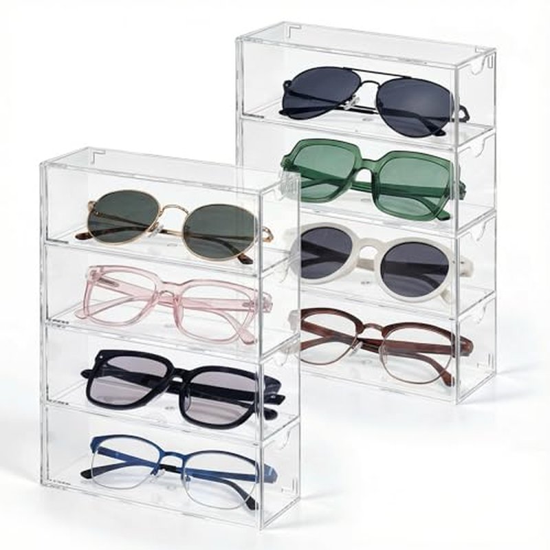2PCS Clear Acrylic Sunglasses Organizer, Plastic Stackable Eyeglass Case Storage Organizers with 4 Drawers, Glasses Organizer for Women for Glasses Jewelry Watch Storage-9.65*6.89*2.56 Inch