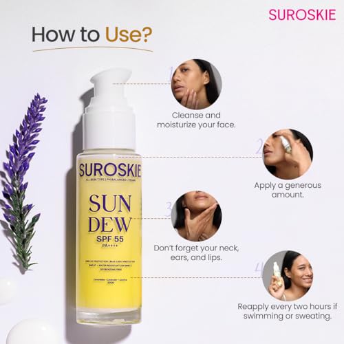 Sun Dew SPF 55 PA++++ Sunscreen, Water-Resistant, Lightweight Formula with Lavender and Niacinamide, 50ml