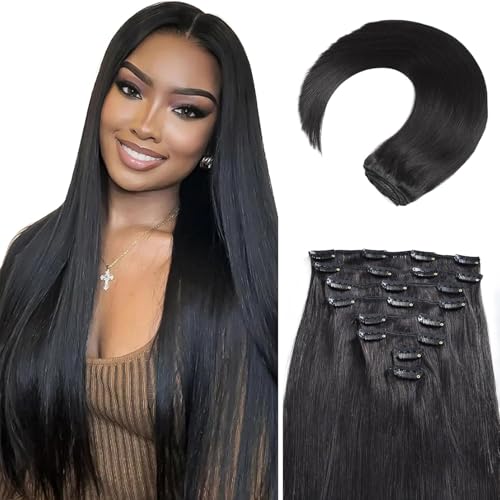 Black 24 Inch Clip-In Hair Extensions - Real Human Hair, 8pcs, 120g, Natural Black