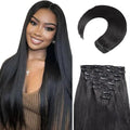 Black 24 Inch Clip-In Hair Extensions - Real Human Hair, 8pcs, 120g, Natural Black