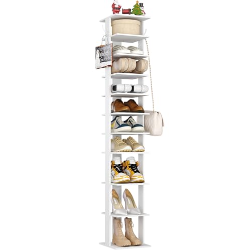 White 11.02 x 11.02 x 62.2 Inch 10-Tier Vertical Shoe Rack with Hooks