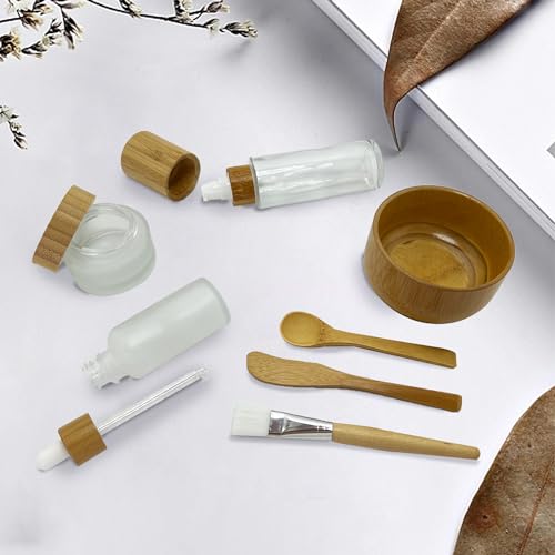 Bamboo & Glass 8 Pack Face Mask Mixing Bowl Set with Tools & Refillable Containers