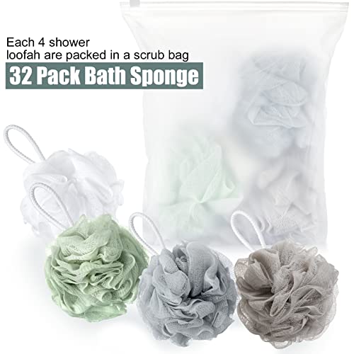 Large Mesh Bath Loofah Sponges Set of 32 Exfoliating Shower Poufs for Men & Women