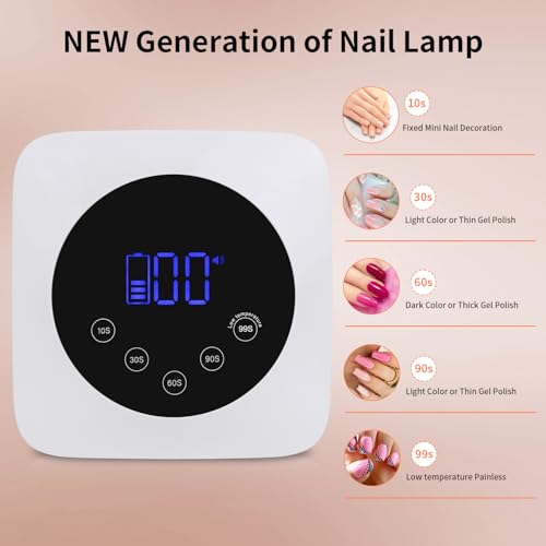 Cordless UV LED Nail Lamp,72W Rechargeable Nail Dryer for All Gel Nails with 5 Timers & Mirror Base,Touch Control & Auto Sensor,Ideal for Training,Nail Art Pratice,Home and Salon(White)