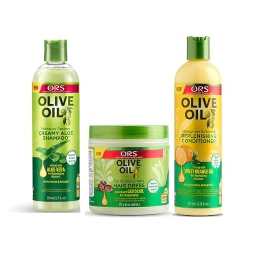 ORS Olive Oil Moisture Restore Creamy Aloe Shampoo, Fortifying Cream Hair Dress, Strengthen & Nourish Replenishing Conditioner - Bundle