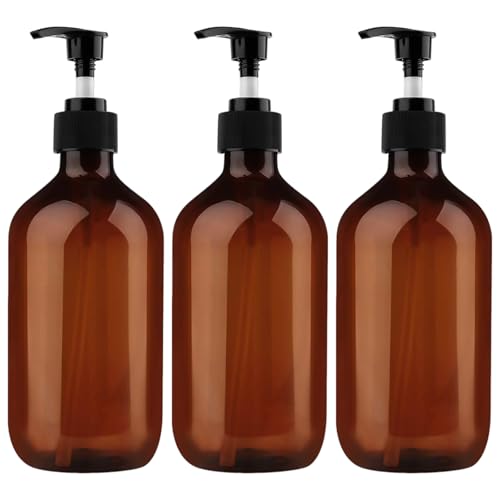 Yebeauty Empty Pump Bottle Dispenser, 17oz/500ml Lotion Soap Shampoo Pump Bottles Large Brown Bottle with Pump Plastic Refillable Containers Pack of 3