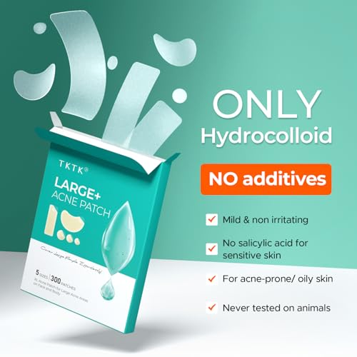 TKTK Large Pimple Patches for Face, XL Acne Patches 60 x 20 mm, Big Hydrocolloid Bandages for Body, Forehead, Chin, Neck Zit Breakouts, Hydrocolloid Patch (Strip, Contoured, Dot 5 Sizes 300 Count)
