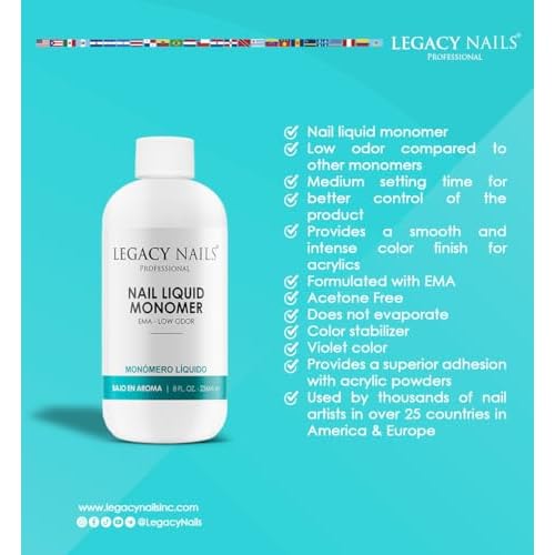 LEGACY NAILS Professional NAIL LIQUID MONOMER - MMA-Free, Acetone-Free, Low Odor Formula, Compatible with All Acrylic, Perfect for Nail Extensions, Sculpting & Overlays - 236ml / 8 FL.oz.