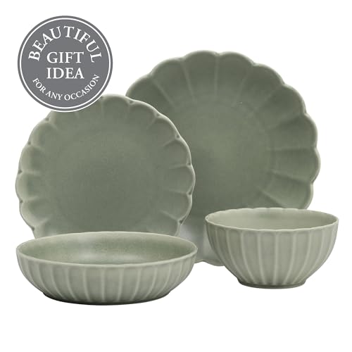 Malibu Shore Green 16-Piece Dinnerware Set Service for 4 Scalloped Stoneware