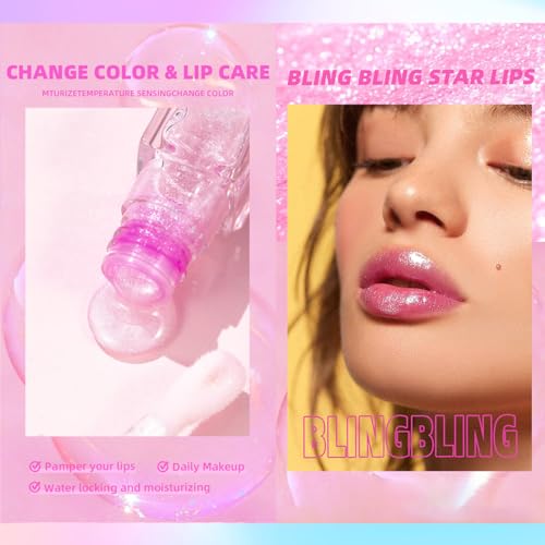 Magic Color Changing Lip Oil Ph, Glitter Lip Gloss, Upgraded Big Brush Head Moisturizing Lip Oil, Color Changing with Temperature, Moisturizing & Sparkling (Pink, 0.3 Oz)