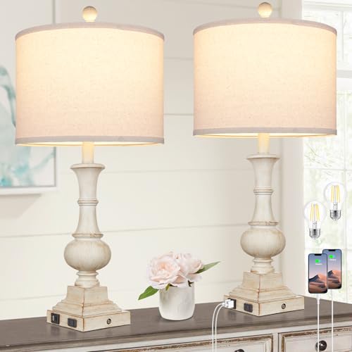White 26-Inch Farmhouse Table Lamps Set of 2 with USB-C & AC Outlets, Dimmable Touch Control, Rustic Nightstand Lamps for Bedroom and Living Room