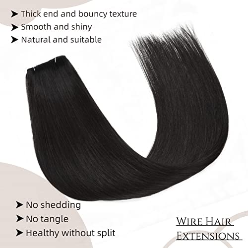 Wire Hair Extensions Human Hair 14 Inch Black - Easy to Wear, Natural & Thick