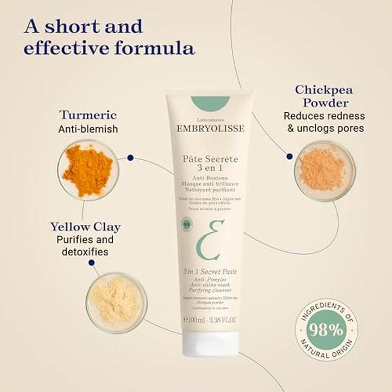 Embryolisse 3 in 1 Anti-pimples & Acne Treatment - Multipurpose Clay Mask to Control and Clear Breakouts - For Oily to Combination Skin, Paraben Free, Oil Free & Non-Comedogenic, 3.38 Fl Oz