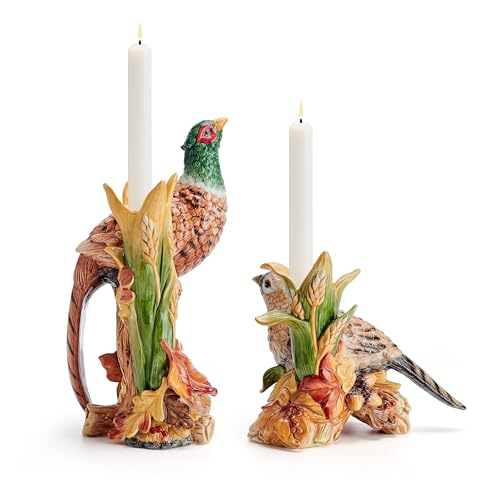 Fall Harvest Pheasant Ceramic Candle Holders Set of 2 - Autumn Decor