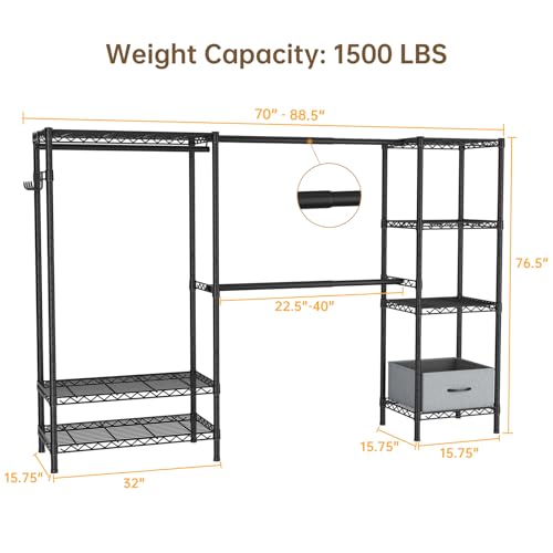 Golpart Heavy Duty Clothing Rack with Adjustable Shelves Black 15.8"D x (70-88.5)"W x 76.5"H