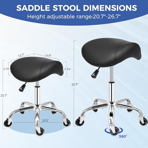 ANWBROAD Saddle Stool with Wheels Ergonomic Swivel Adjustable Rolling Stool with PU Leather Thick Wide Saddle Seat Padding Comfortable Rolling Saddle Chair for Salon Massage Clinic Black UWSS001B