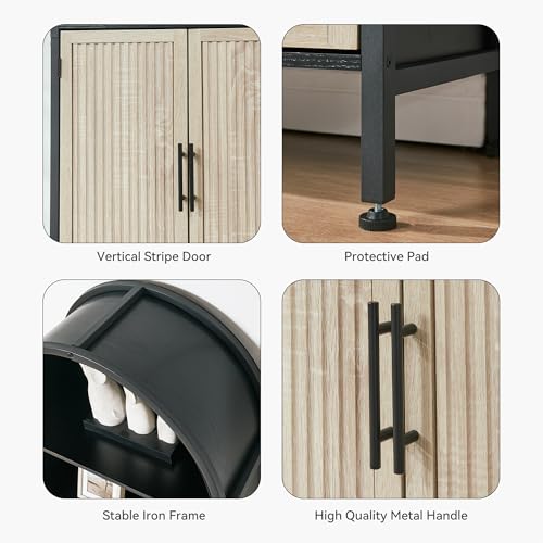 VIPLUMI Arched Bookcase with Doors, 5-Tier Tall Oak & Black, Without Glass Door