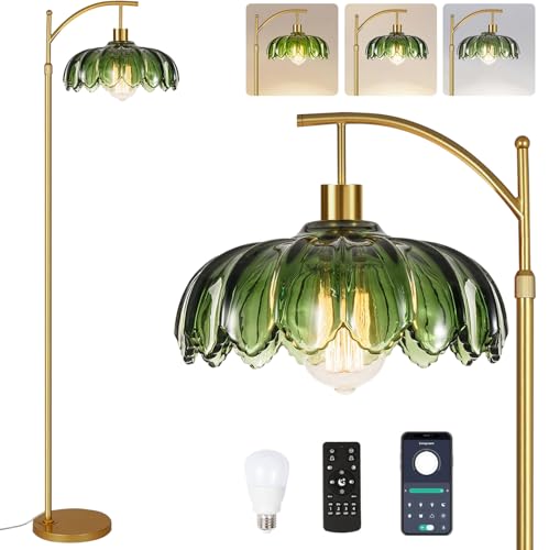 Dimmable Green Glass Floor Lamp with Remote - Mid Century Modern Brass Tall Arc Lamp, 02-Floor Lamp