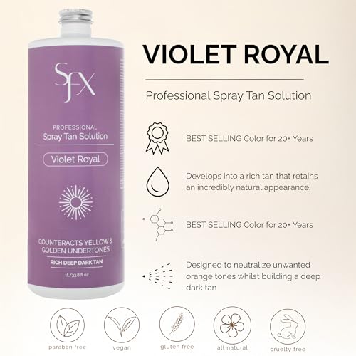 Professional Spray Tan Solution 1 Liter ? Violet-Based DHA Formula for Cool & Olive Skin Tones ? Dark, Even Bronze ? Salon Grade, Fast Drying ? SunFX Violet Royal