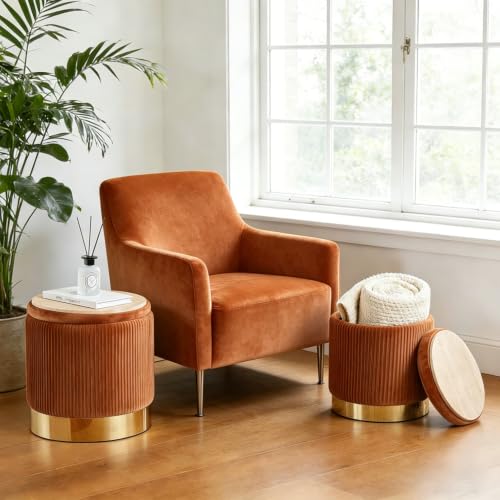 Orange Velvet Round Ottoman with Storage - Set of 2, 14.75 Inches Variation