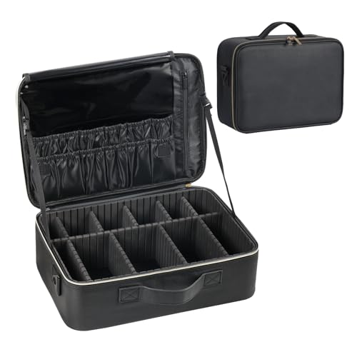 Makeup Travel Case, 16 Inch Makeup Artist Bag with Compartment and Dividers, Portable Cosmetic Bag for Women with Brush Storage Sturdy Dual Zip Closure, Waterproof, Durable, Gift for Her, Black