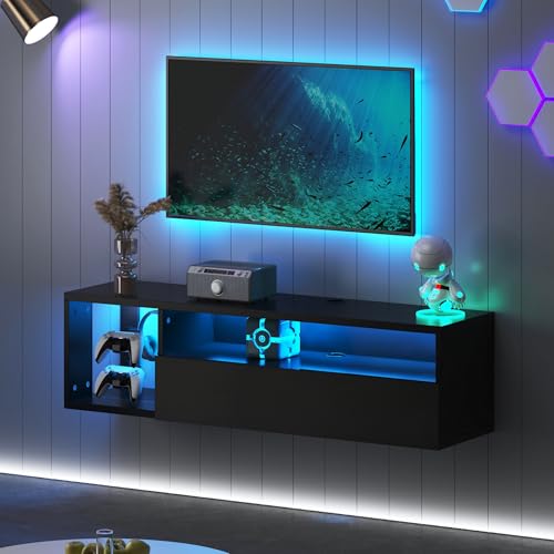 Floating TV Stand with LED Lights - 39.3 Inch Black Wall Mount Entertainment Center