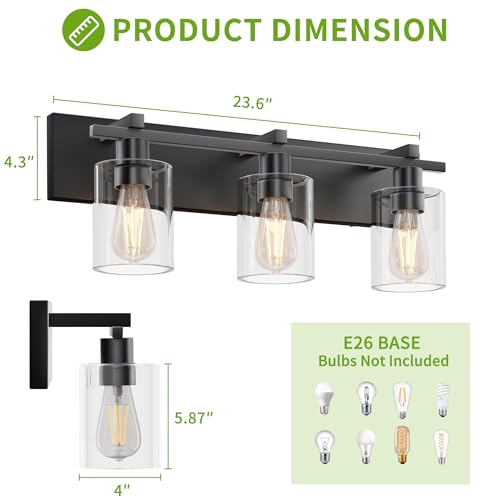 Espird Black & Clear 3-Light Modern Dimmable Bathroom Vanity Light, 21 Inch Wall Sconce