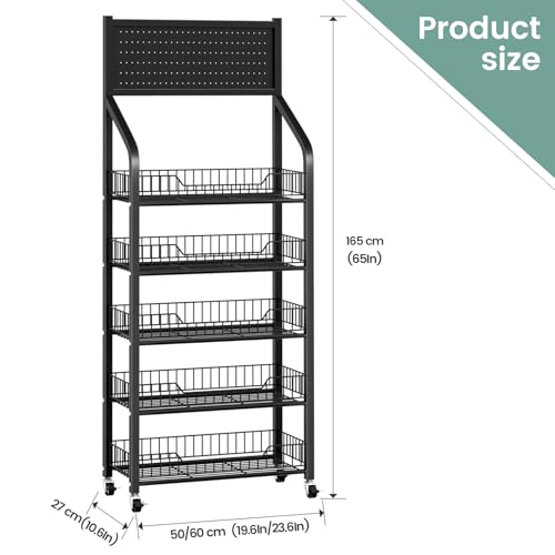 60cm Black 5-Tier Snack Display Rack with Hooks & Wheels - Retail & Home Organizer