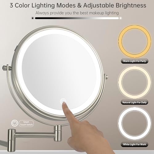 JANEEVA 8" Wall Mounted Lighted Makeup Mirror,Rechargeable Double Sided 1X/10X Magnifying Mirror with 3 Color Lights,Touch Dimmable Bathroom Vanity Mirror with 360¡ÆSwivel Extendable Arm Brushed Nickel