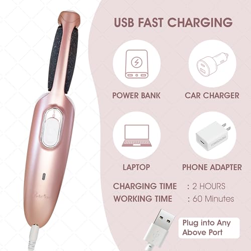 Powerful Electric Callus Remover Wand ? Rechargeable Foot File, Grinder & Scrubber - Removes Dead, Hard Skin & Calluses ? Best Pedicure Tool for Soft, Smooth Feet for Men & Women (Rose Gold)
