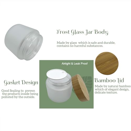 Empty Refillable Frosted Glass Cosmetic Cream Jar 4 Pack 6.7 OZ/200g with Bamboo Lids,Skin Care Travel Containers Pot for Clay Masks,Butter,Body Scrub,Lip Balm, Ointments, Lotion Frost