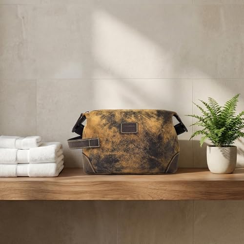 Distressed Brown Leather Dopp Kit for Men - Travel Toiletry Bag, Shaving Bag