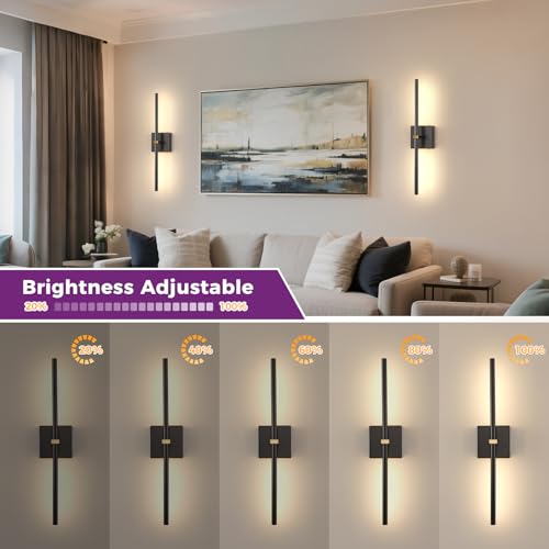 Joossnwell Black & Gold Battery Operated Wall Sconces Set of 2, 24 Inch Modern Wireless Lighting with Dimmable LEDs