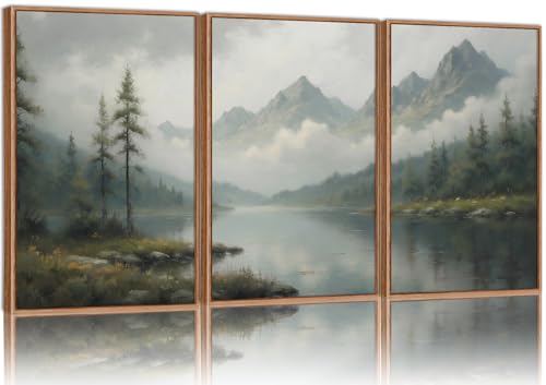 SIGNINART Large Green Forest Framed Canvas Wall Art Set, 3 Panels, 16x24 inches, Misty Mountain Lake Nature Decor for Living Room & Bedroom
