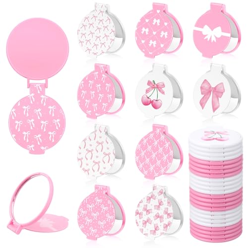Pink Bow Compact Mirrors Bulk - 50 Pcs Coquette Party Favors, Pink & White Variation