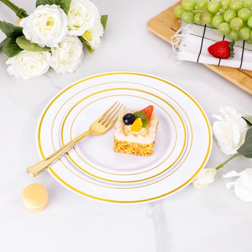 Gold Disposable Dinnerware Set for 100 Guests - Plastic Plates, Cups & Cutlery Variation of Gold / 100 Guests