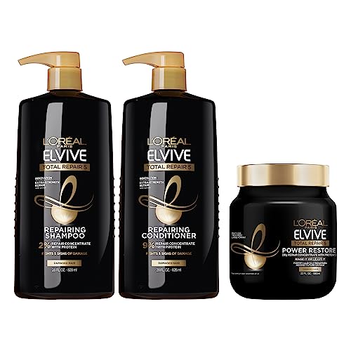 Elvive TR5 Power Restore Multi Use Treatment + Elvive Total Repair 5 Repairing Shampoo and Conditioner for Damaged Hair, 28 Ounce (Set of 2)