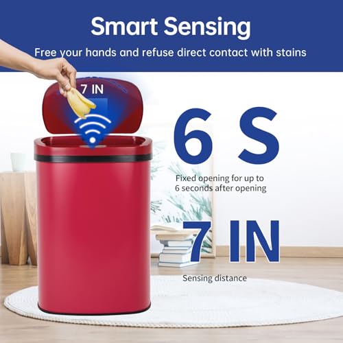 BestOffice 13 Gallon Stainless Steel Trash Can with Lid - Red (Automatic Sensor)