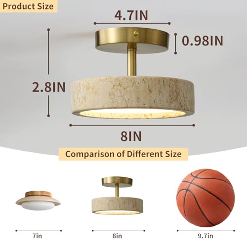 8-Inch Travertine Flush Mount Ceiling Light - Natural Stone & Gold Frame