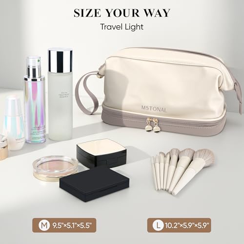 Large Travel Makeup Bag for Women - Double Layer Cosmetic Organizer Beige Sand