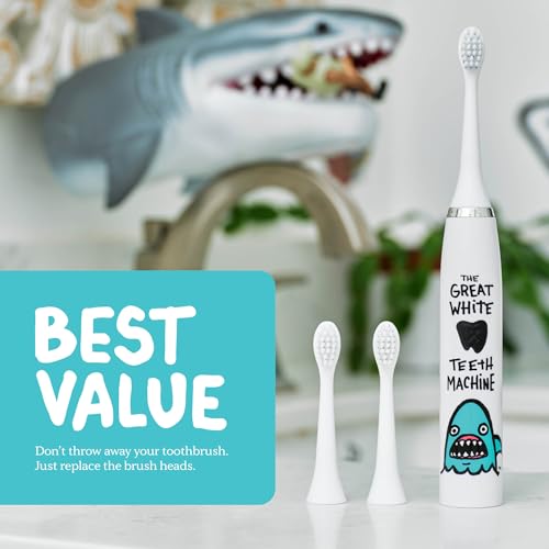 Kids Electric Toothbrush - Rechargeable Vibrating Shark Design with 6 Replacement Heads, Timer, Gently Cleans Teeth - Made by Dentists - Shark