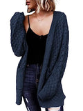 Large Blue Women's Cable Knit Cardigan Sweater with Pockets - Casual Open Front