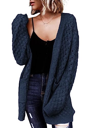 Large Blue Women's Cable Knit Cardigan Sweater with Pockets - Casual Open Front